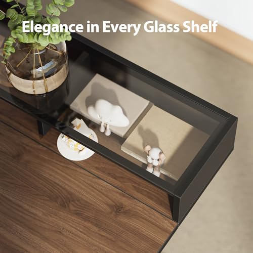 Image of Agilestic 48 x 24 Inches Electric Standing Desk with Storage, Adjustable Height Sit and Stand Computer Table with Glass Shelf, Splice Board, Dark Walnut
