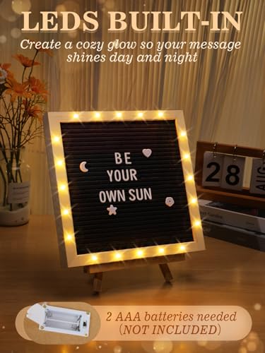 Image of 10 inchx10 inch Felt Letter Board with LED Lights & Stand, First Day of School Sign | Wall /Desk Display, 450-Letter, Message Custom Signs Poster Board, Baby /Pregnancy Announcement /Classroom /Birthday Decor, Black