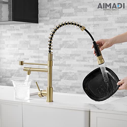 Image of Brushed Gold Kitchen Faucet with Pull Down Sprayer, AIMADI Commercial Gold Kitchen Sink Faucet Single Handle Spring Two Nozzles Faucets