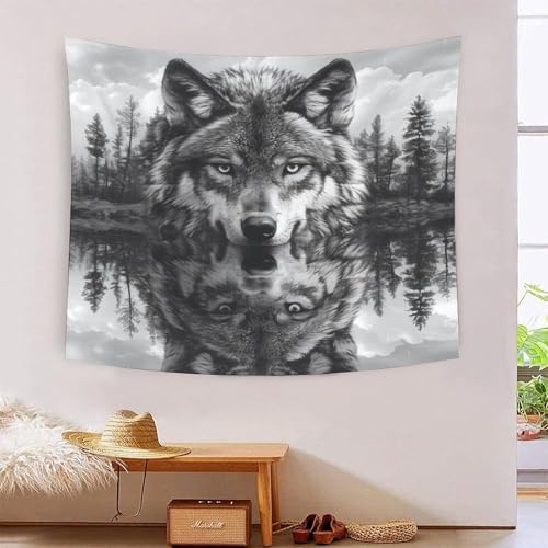 Tapisserie art mural loup 3D 180x230 cm grand format tissu pour decoration de chambre