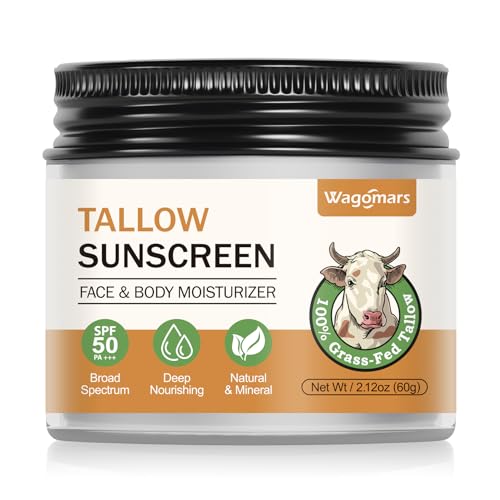 Wagomars Beef Tallow Sunscreen SPF 50 - Organic Mineral Sunscreen with Zinc Oxide - Non-Toxic Natural Sunblock for Face & Body - Water Resistant, Reef Safe, Moisturizing for Dry and Sensitive Skin