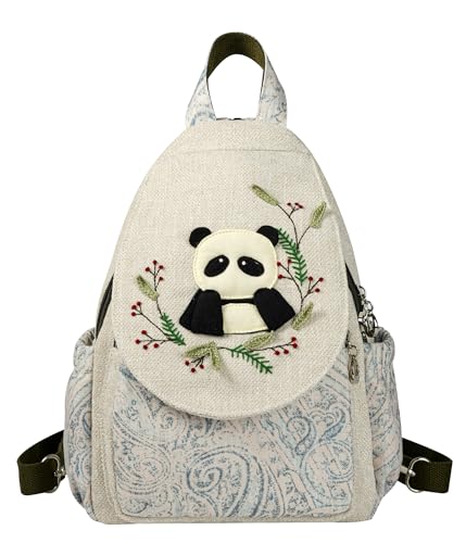 Image of Small Canvas Backpack, Retro Boho Washed Hippie for Women Daily Commute (Panda Decorations)