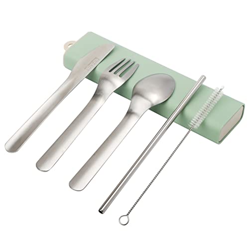 EXZACT Cubiertos 5 piezas - Cuchara Tenedor Cuchillo Pajita/Popote y Cepillo de limpieza en un...