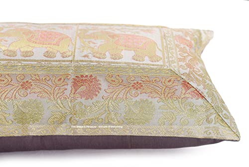 Image of Ravaiyaa - Attitude is everything Banarasi Brocade Silk Pillow Cover Elephant Design Cushion Pillow Sham Case Home Decorative Set of 2 Piece 12 inch X 20 inch Inch