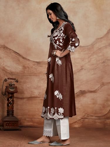 Image of EthnicJunction Women's Silk Blend Regular Fit Chikankari Embroidered Naira Cut Kurta