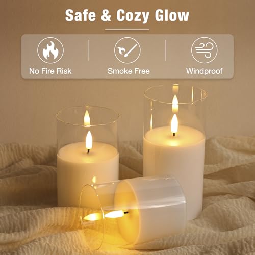 Eywamage Clear Glass Flameless LED Candles with Remote, White Battery Pillar Candles Home Decor Set of 3 - Image 5