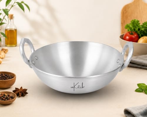 Image of Heavy Gauge Pure Aluminium Kadhai 21 cm, 1.5 Litre, 500g, Deep Frying Wok with Strong Double Handles, Fast & Even Heating, Lightweight Gas Stove Cooking Kadai for Everyday Kitchen Use