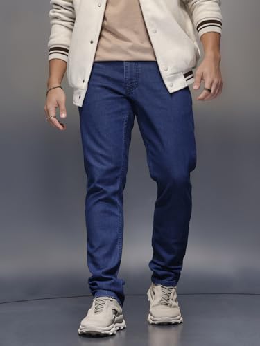 Image of WROGN Men Cotton Blend Jeans | Solid | Mid Rise | Slim Fit