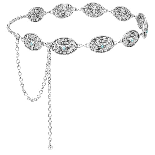Image of WHIPPY Women Concho Chain Belt Metal Link Western Cowgirl Turquoise Chain Belt for Dress