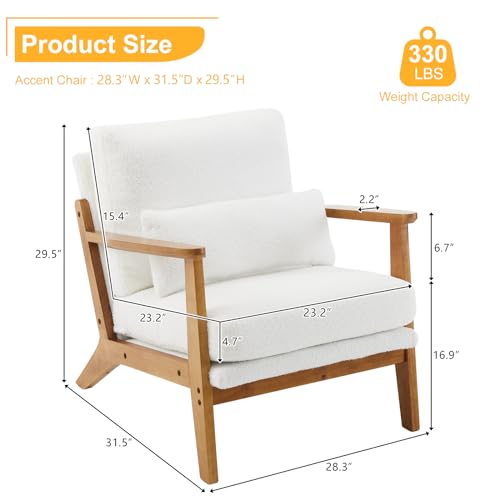Image of Karl home Mid-Century Lounge Accent Chair, White | Wide Curved Armrest, Teddy Fleece, Lumbar Pillow Included, Solid Wood Frame, For Living Room, Bedroom, Balcony, Apartment