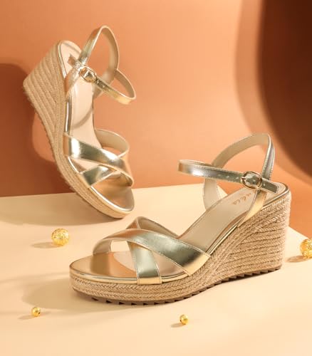 Image of Ankis Wedge Sandals for Women, Espadrille Womens Wedge Sandals Comfortable Open Toe Cross Band Ankle Strap High Heel Wedges for Women Dressy Summer -3.4Inch