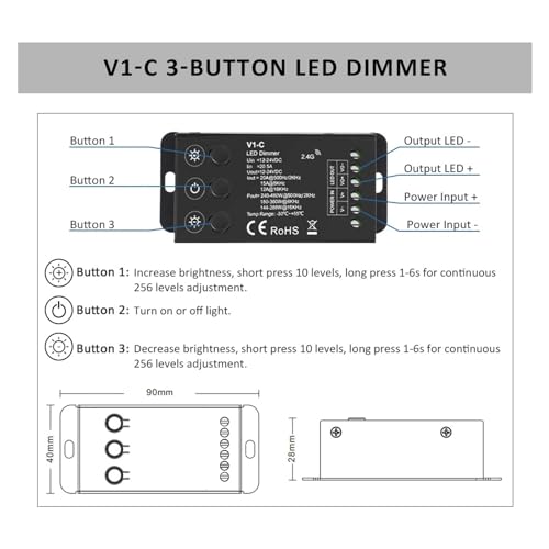 Variateur LED 12 Volts bande monochrome avec télécommande 2.4G RF - 5