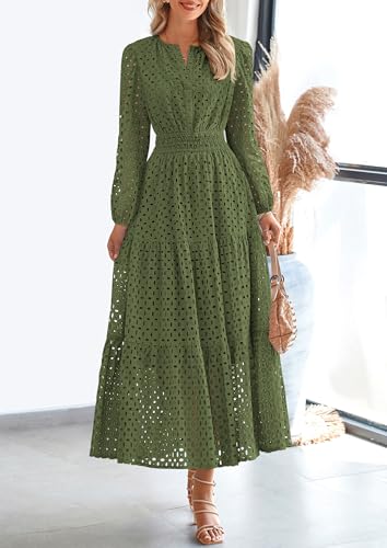 PRETTYGARDEN Women's Long Sleeve Maxi Dress V Neck Hollow Out Eyelet A Line Long Flowy 2026 Spring Wedding Guest Dresses (Army Green,Large) — view 2