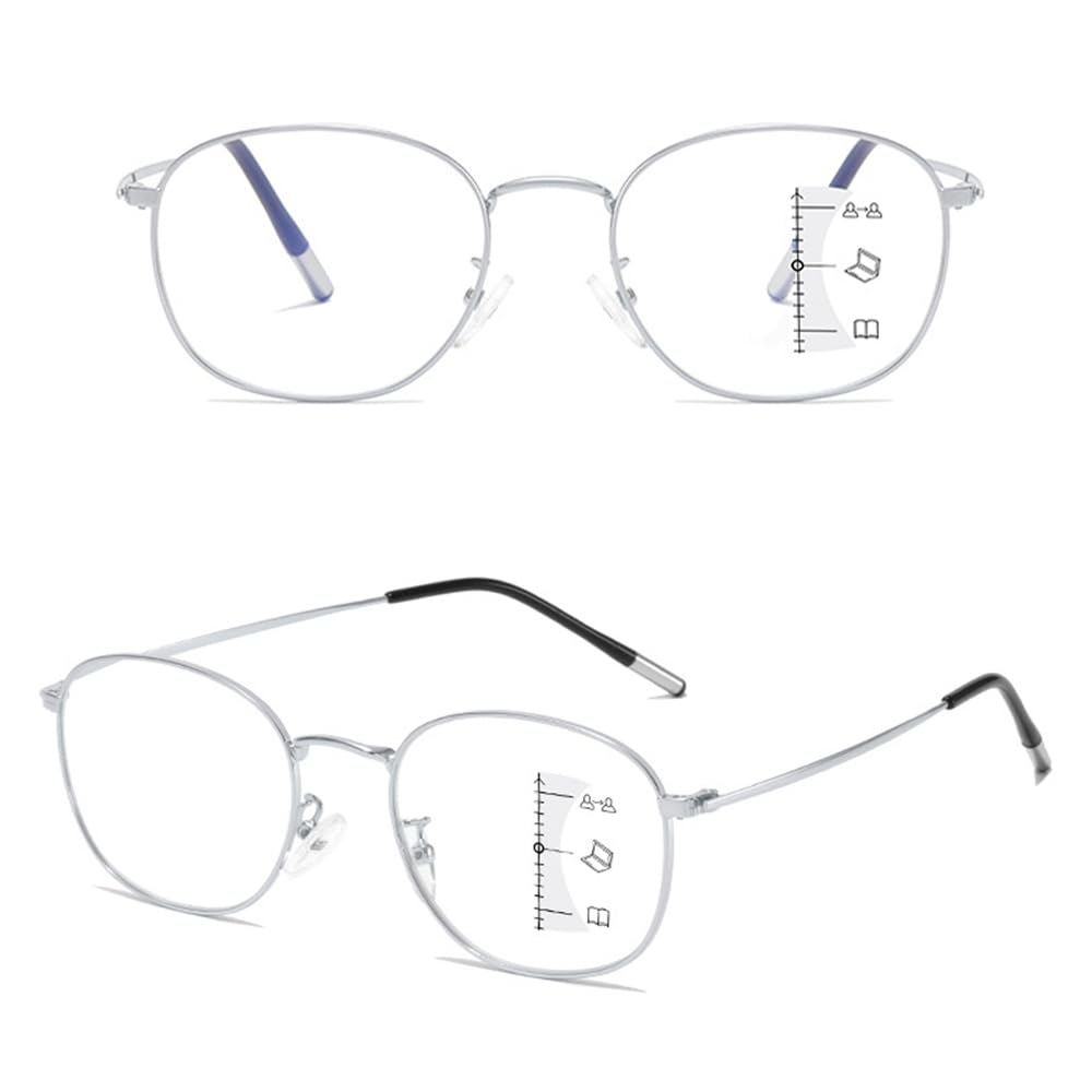 [FEISEDY] 老眼鏡 おしゃれ レディーズ 遠近両用 累進 ブルーライトカット えんきんりょうよう リーディンググラス シニアグラス メタル 紫外線カット 超軽量 累進多焦点レンズ 男女兼用 シルバー 2.0 B1573