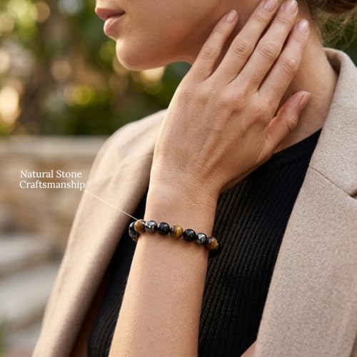 Image of Triple Protection Bracelet Original | 8mm Natural Tiger Eye, Black Obsidian & Hematite | Certified Healing Crystal Bracelet for Men & Women | Choose Your Size: Small, Medium, Large