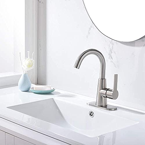 Bathroom Sink Faucet/Bar Sink/Pre-Kitchen Sink Faucet Single-Handle With 4 Inch Deck Plate And Metal Drain By Phiestina, Fit For 1-3 Hole Installation, 360° Rotation Spout, Brushed Nickel #TOP2