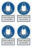 Pegatinas: 150 x 100 mm, 4 unidades, chaleco salvavidas, idioma: español, signos de obligación con texto (azul/blanco) – alto – M053 – DIN EN ISO 7010