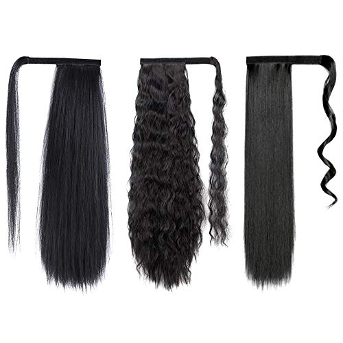 3 Pack Clip in Ponytail Extension Long Black Ponytail Extension 22 Inch Wrap Around Ponytails Magic Paste Synthetic Ponytail Hairpiece for Women (Straight+Corn Wave+Yaki Wave)