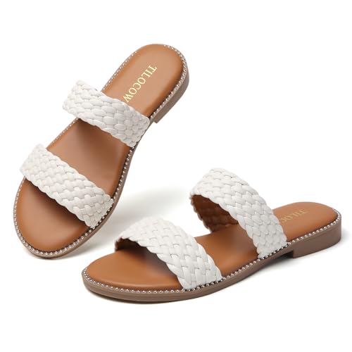Image of Tilocow Women's Flat Sandals Two Strap Summer Dressy Studded Slide Sandals Open Toe Cute Casual Slip on Comfort Shoes for Beach Travel Daily Wear