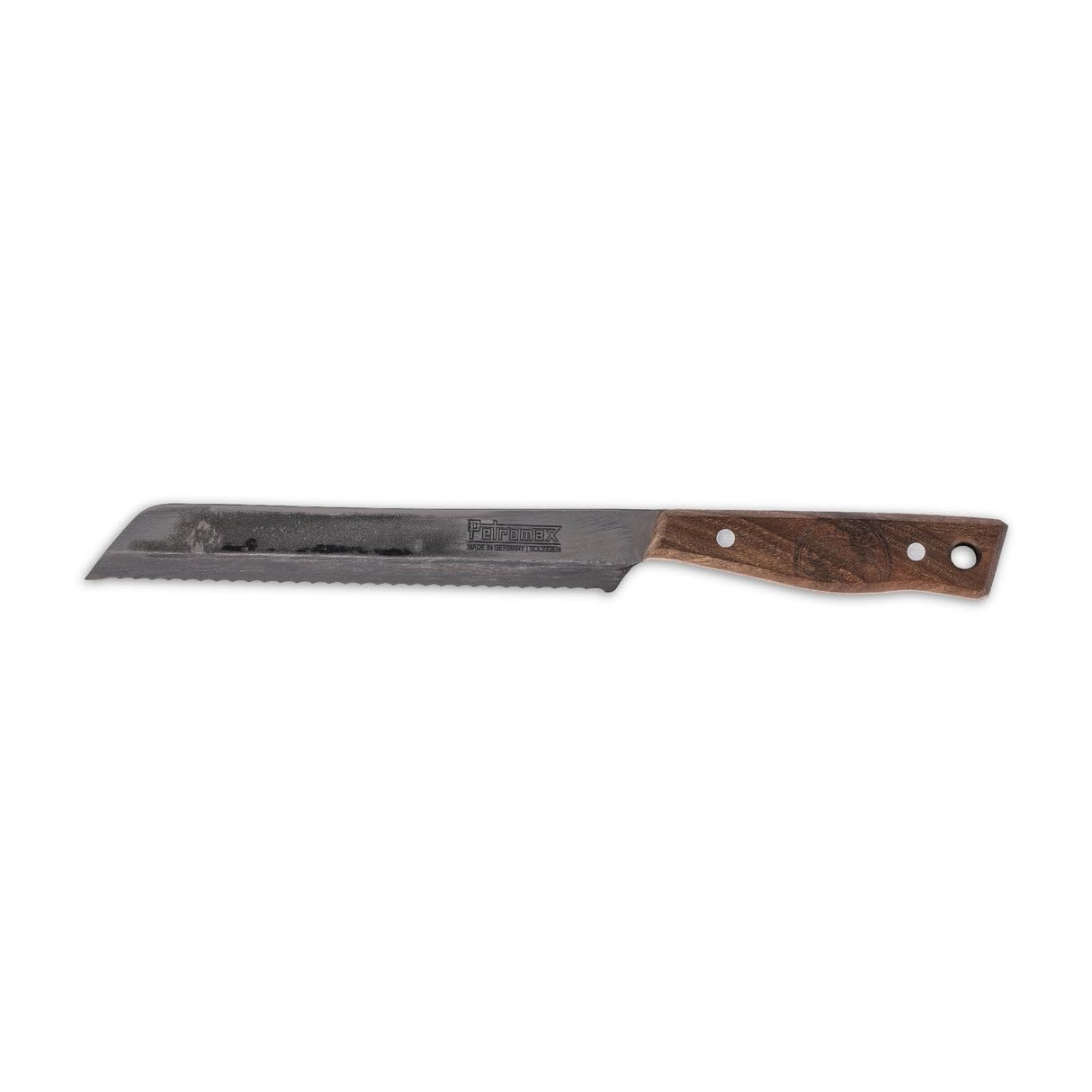 Petromax Brotmesser - 20 cm Klinge Handgeschmiedet - Messer aus Solingen | Rostfreier Edelstahl mit Wellenschliff - Ergonomischer Walnussholzgriff - Unikat-Optik durch individuelle Oxidschicht