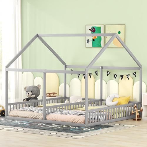 Ctastay Letto Singolo per Bambini 90X200 Rete a doghe 2 in 1, Letto per Cameretta Letto a Forma di Casetta con Barriera di Protezione, Struttura in Legno,Grigio, senza Materasso.