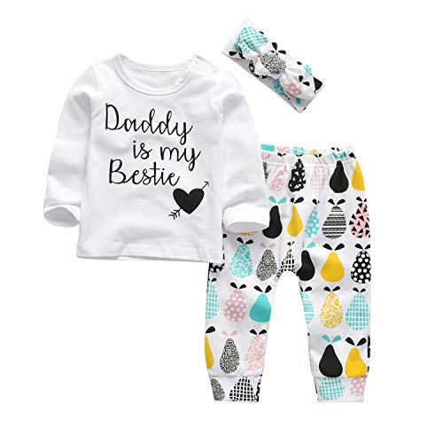 3Pcs Baby Girl Outfits Set Daddy is My Bestie Long Sleeve T-Shirt Tops Printed Pants with Headband (0-6 Months)