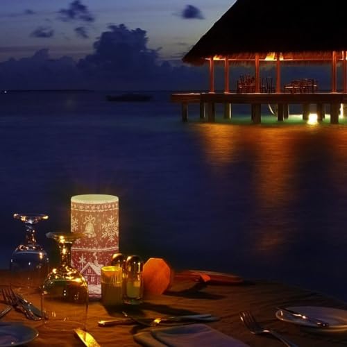 Image of Poceacles Christmas Decor Flickering Flameless LED Battery Candles Pillar Candles Tealight with 18-Key Timer Remote with Colorful Light, Christmas Landscape Print Red