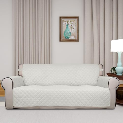 Image of PureFit Reversible Quilted Sofa Cover, Water Resistant Slipcover Furniture Protector, Washable Couch Cover with Non Slip and Elastic Straps for Kids, Dogs, Pets (Sofa, Ivory /Ivory)