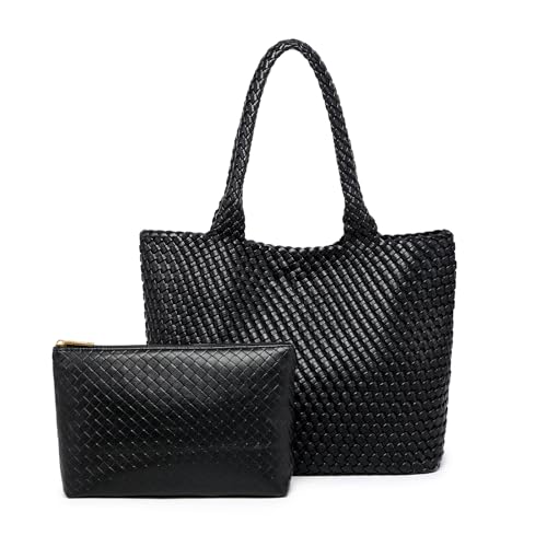 Woven Tote Bag for women,Vegan Leather Woven Handbag, Shoulder bag with Pouch, fits13-14” laptops