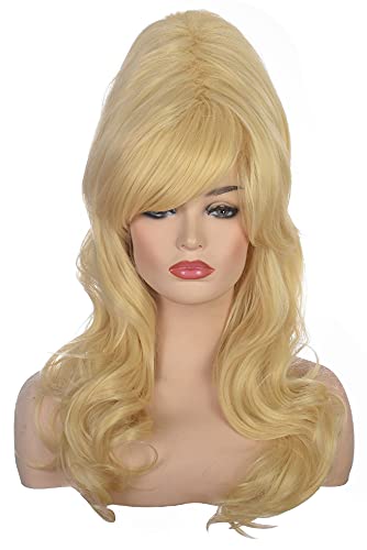 Amzcos Women Blonde Beehive Wig Long Curly Wavy Bouffant Heat Resistant Synthetic Hair wigs for Womens Vintage Costume Cosplay Halloween Party