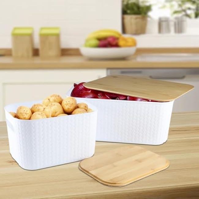 Potato and Onion Storage Bin Set,Vegetable Storage for Onion and Potato Storages Bins,Kitchen Storages Organization with Bamboo Lid&Handle,Produce,Fruit,Bread,Snack,Potatos Basket for Pantry
