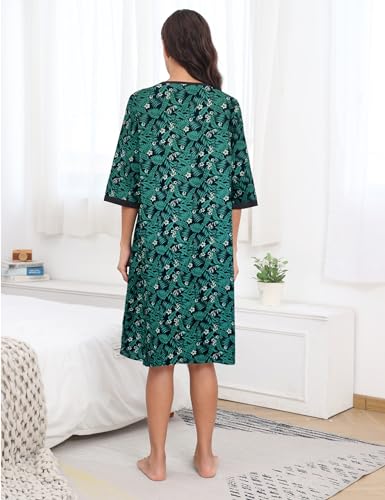 Image of Bloggerlove House Dress Women Cotton Snap Front Nightgown 3 /4 Sleeve Housecoat Duster Robe with Pockets Moomoo Patio Dress