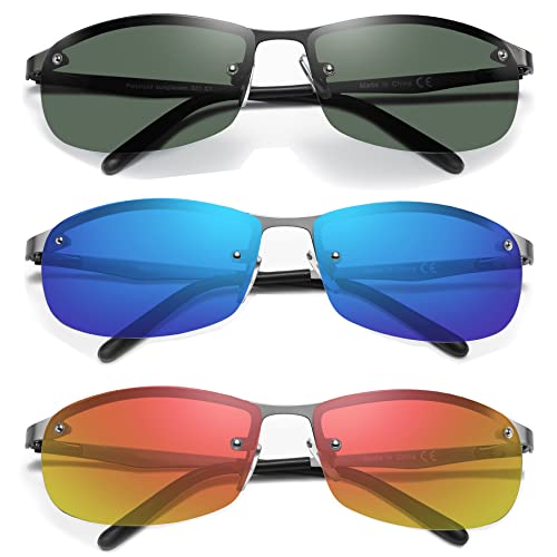 Image of 3 Pack Polarized Sunglasses for Men, Semi-Rimless Frame Driving Fishing Sun glasses UV400 Block Glare /Blue Light