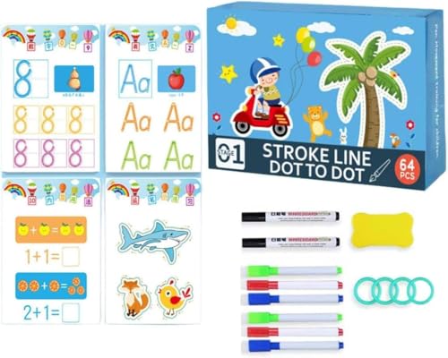Image of RECLUSE Dry Erase Tracing Book for Kids 64 Pcs Reusable Writing Cards, ABC Alphabet,123 Numbers, Addition,Dot-to-Dot,Pencil Control Worksheets Educational Activity Kit for Kindergarten,Nursery & LKG
