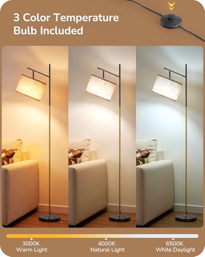 Image of EDISHINE Black Gold Modern Floor Lamps for Living Room, Arc Standing Lamp | Bulb Included, 3 Color Temperatures, Flexible Lampshade, Foot Switch, Weighted Base, Tall Light for Office, Bedroom