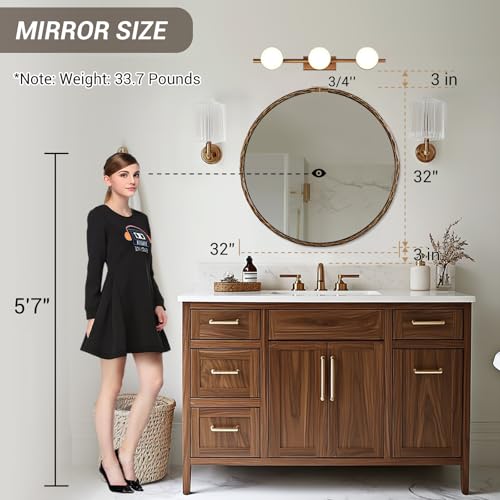 Image of ANDY STAR Hand-Forged Bronze Round Bathroom Mirror, 32 Inch Antique Oil Rubbed Bronze Circular Mirror, Solid Steel Hammered Frame, for Wall Decor, Vanity, Entry, Fireplace, Mantle