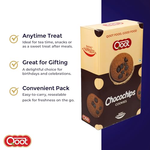 Image of Qoot Choco Chip Cookies (Pack of 3 x 200g) | Healthy, Crunchy Nutty Cookies & Biscuits | No Palm Oil, No Preservatives, No White Sugar | Natural, Protein-Rich Snack | Freshly Baked Snacks for Tea, Breakfast & Gifting