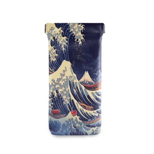 FLildon Japanese Sea Wave Eyeglasses Pouch Squeeze Top Sunglasses Case Soft PU Leather Eyeglass Bag for Men Women