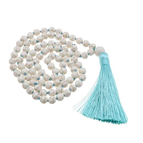 ECSiNG 8mm Weiß Türkis Halskette Boho Vintage Lange Perlen Quaste Handgefertigt-Knoten Retro Halskette Runde Kugel Perle Edelstein Anhänger Schmuck für Frauen 52cm