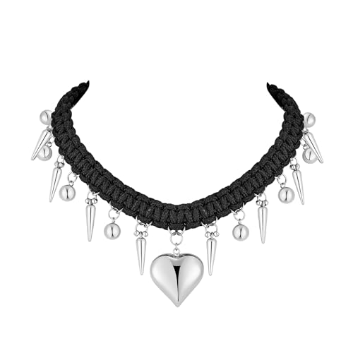 CLASSYZINT Heart Choker Black Goth Choker Necklace Gothic Punk Chunky Necklace with Silver Spike Beads and Heart Pendant Rock Statement Jewelry