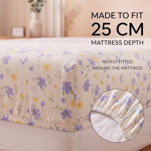 Image of VAS COLLECTIONS 240 TC Premium Fitted Bedsheet, Floral Printed King Size Elastic Deep Pocket Mattress Cover, Soft Breathable Bed Sheet for Bedroom, 72 x 78 + 10 Inches (183 x 198 + 25 cm) - Periwinkle