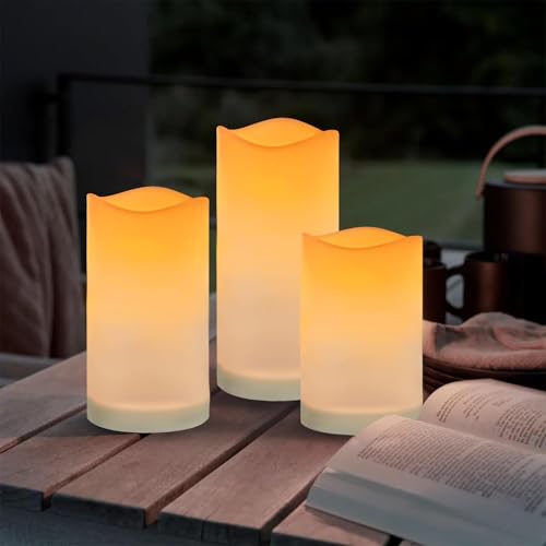 Taylor & Brown 3 Pack Solar Powered Outdoor Candles Waterproof LED Flameless Pillar Candle Dusk to Dawn Rechargeable Solar Battery Included Patio Decor