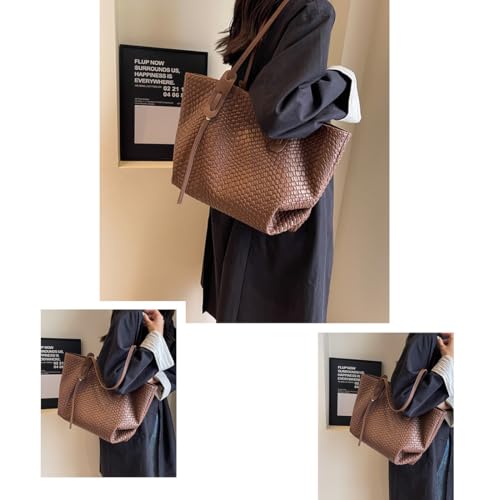 Image of Womens Fashion Luxury Large Leather Woven Leather Tote Handbag Shoulder Bag Women Top Handle Satchel Handbag Work