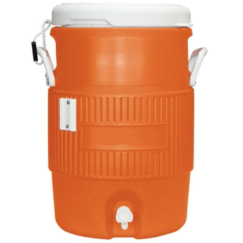 Heavy Duty Water Beverage Cooler Dispenser, Orange, Polyethylene, 5 Gallon, Insulated Container with Spigot, Side Handles (Orange)
