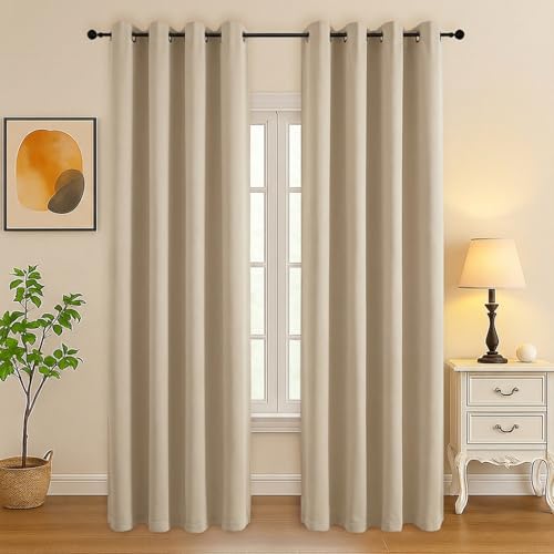 Image of Simplebrand Biscotti Beige Room Darkening Curtains for Bedroom Living Room 84 Inch Length 2 Panels Set, Thermal Insulated Curtains Drapes, Solid Grommet Noise Reducing Window Treatment, W50 x L84 Inch