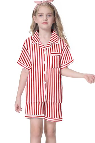 Image of Umeyda Women & Girls Pajamas Set, 2 Piece PJS Satin Silk Sleepwear Button-Down Top with Shorts for Mom Kids Gifts