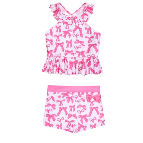 Image of CHILDRENSTAR Little Girls Tankini Swimsuit 2 Pieces Bathing Suit for Kids | Quick-Dry Cross-Back Adjustable Ruffles with Bow Decor Swimming Tankini and Short For Beach and Pool