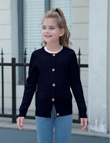 Girls Cardigan Long Sleeve Button Front Sweater Toddler Kids Knit School Uniforms Sweaters with Pockets 3-12 Years