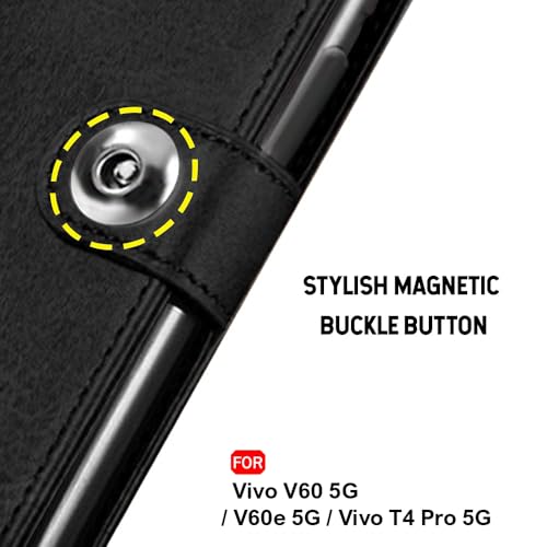 Image of TheGiftKart Genuine Leather Finish Flip Back Cover Case for Vivo V60 5G / V60e 5G / Vivo T4 Pro 5G | Inbuilt Pockets & Stand | Wallet Style | Designer Button Magnet Flip Cover (Faux Leather, Black)