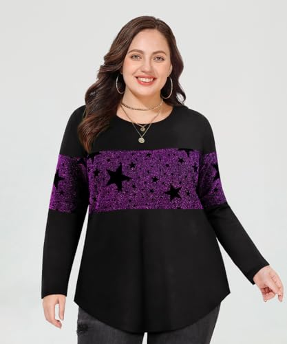Image of CARCOS Plus Size Tops for Women Color Block Flower /Striped /Camo Crew Neck Long Sleeve Tee Shirt